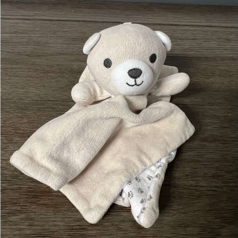 Modern Moments Cream Teddy Bear Lovey Security Blanket Paw Print Grey White